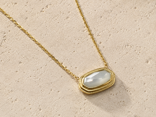 Clear Glass Pendant Necklace 18K Gold Plated over Stainless Steel