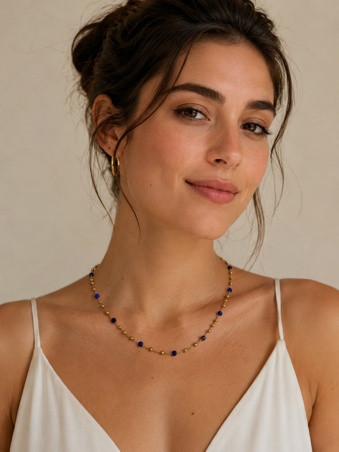 Blue Stone Station Necklace Natural Stone 18K Gold Plated Stainless Steel