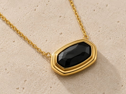 Black Agate Pendant Necklace 18K Gold Plated Stainless Steel