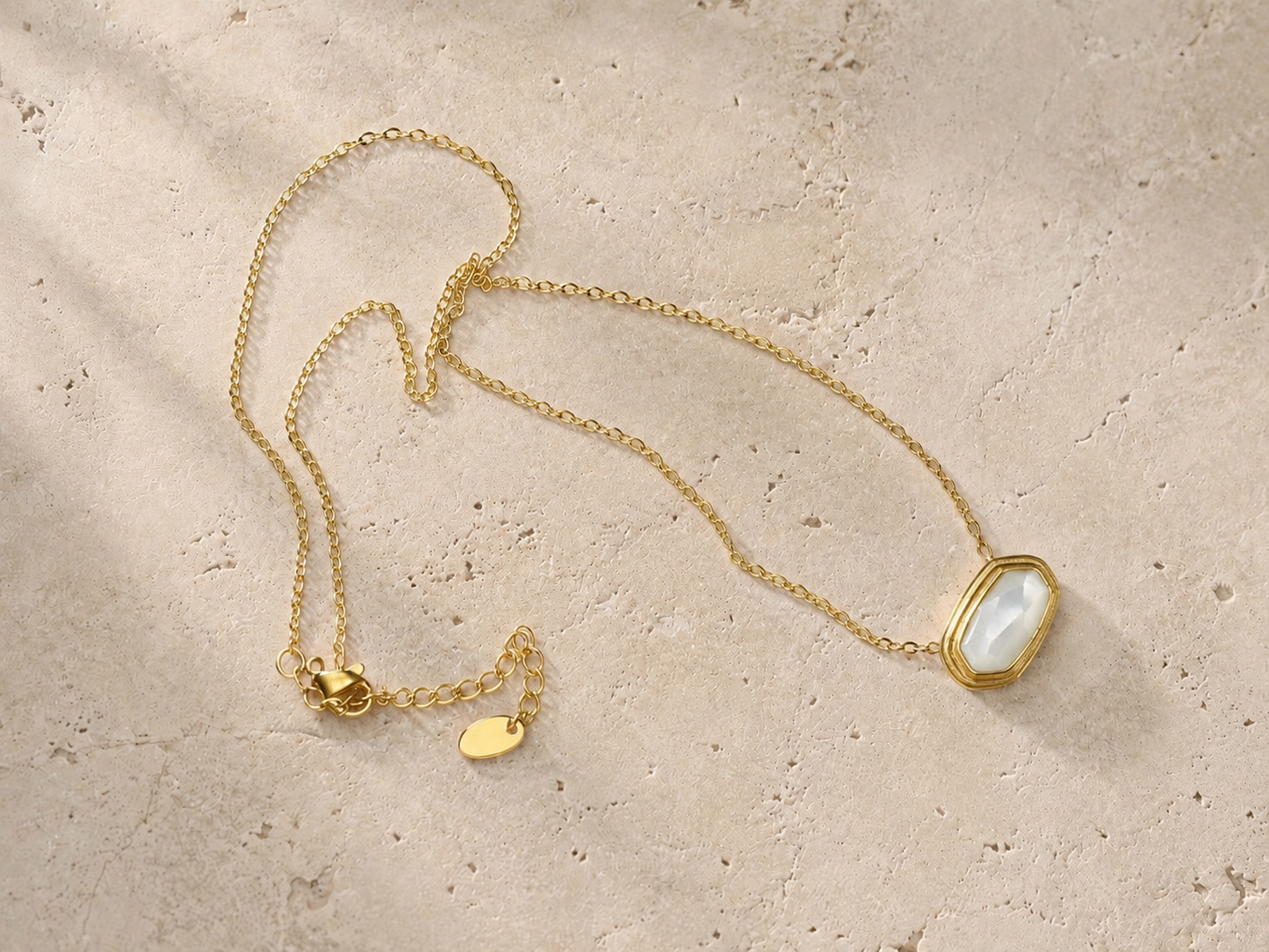 Clear Glass Pendant Necklace 18K Gold Plated over Stainless Steel