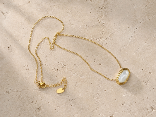 Clear Glass Pendant Necklace 18K Gold Plated over Stainless Steel