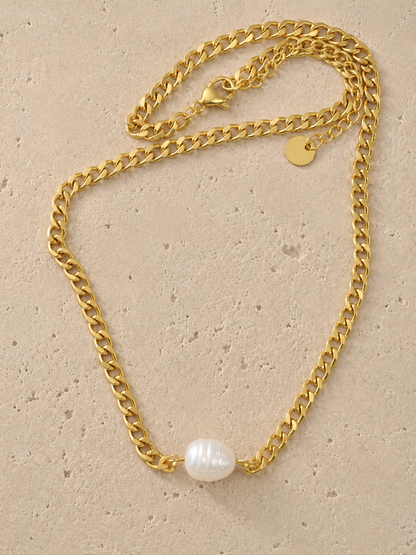 Pearl Chain Necklace Chocker Freshwater Pearl 18K Gold Plated Stainless Steel