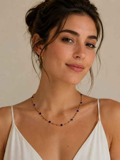 Blue Stone Station Necklace Natural Stone 18K Gold Plated Stainless Steel