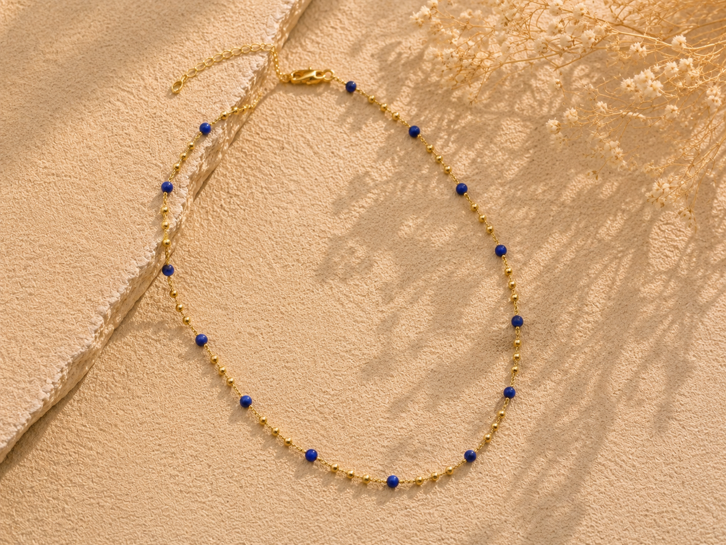 Blue Stone Station Necklace Natural Stone 18K Gold Plated Stainless Steel