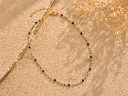 Blue Stone Station Necklace Natural Stone 18K Gold Plated Stainless Steel