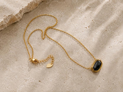 Black Agate Pendant Necklace 18K Gold Plated Stainless Steel